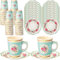 Tioncy 100 Pcs Tea Party Decorations Include 50 Pieces 9 oz Paper Tea Cups with Handle and 50 Plates Disposable Teacups and Saucers Sets for Birthday(Blue Floral)