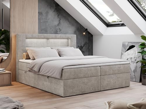 MKS MEBLE Boxspringbett 140x200 mit Led, Polsterbett 140x200 mit LED Kopfteil - Multipocket-Matratze H4 - Doppelbett mit Bettkasten Stauraumbett - Gold-5 - Beige Struktur