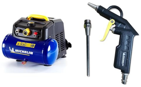 MICHELIN - Compresor de Aire CA- ‎1129981037-1.5 HP - 8 Bar - 6L Capacidad - Silencioso - Portátil & Pistola de aire de caño corto + caño largo 10 cm - Consumo de aire: 150 l/min, Presión