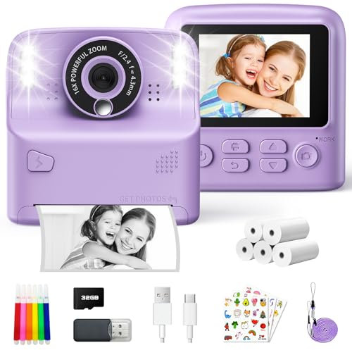 PHNIXGAM Sofortbildkamera Kinder, Digitalkamera kinderkamera fotoapparat 2.4in HD Kamera Geschenke für Jungen M?dchen, einschlie?lich 5 Rollen Druckpapier und 32GB Karte (Lila)