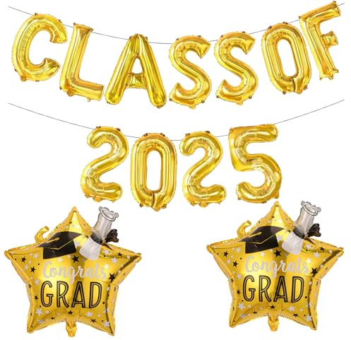 Jwssor Luftballons zum Schulabschluss, 40,6 cm, goldfarben, Klasse 2024, Goldfolienballons, Banner, 2 Stück 55,9 cm Folienballons für College High School