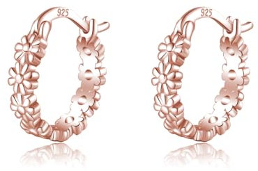 SLUYNZ Solid 925 Sterling Silver Flower Hoop Earrings for Women Girls Hoop Earrings Daisy Huggie (C-Rose Gold Plated)