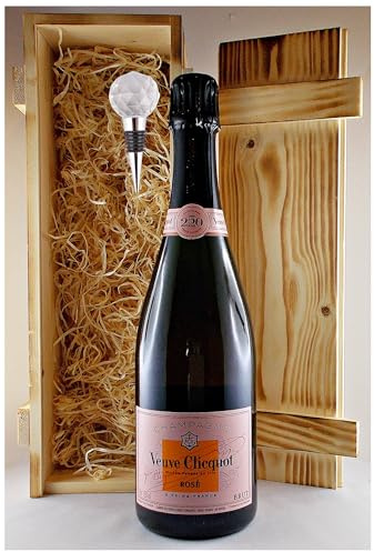 Veuve Clicquot Rosè Champagner + Flaschenverschluß Geschenk in geflammter Holzkiste Geschenkset Frauengeschenke Männergeschenke Schaumwein