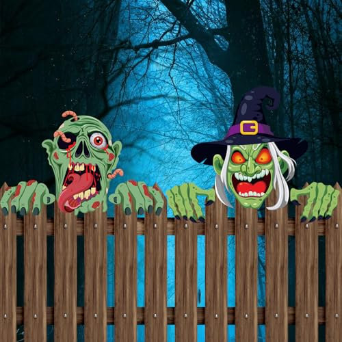 Zaun Dekoration Halloween Garten Hof Kunst Zeichen Pfähle,Hof Dekorationen Hexe Zombie Spähen Zeichen Rasen im Freien Party Dekor Zaundekoration für Die Gartendekoration Innenhofdekoration Deko