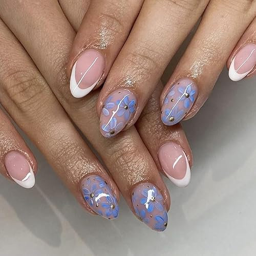 GlamRays 24 Stück Kurz Oval Babyblau Blumen mit Glitzernde Spitze Press on Nails, Acryl False Nails Set, Sommer Nägel für Frauen und Mädchen für tägliche Arbeit und Partys