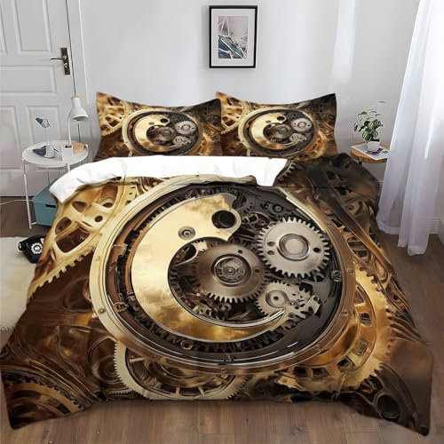 Bettwäsche-Sets 135x200cm Mechanische Zahnräder Der Goldenen Uhr Bettwäsche 3 Teilig, Weich Atmungsaktiv Polyester-Baumwolle Bettbezug Set mit Reißverschluss, 2 Kissenbezüge 80x80 cm