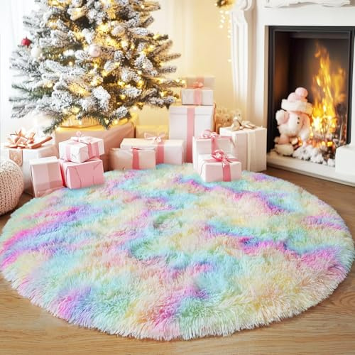 Quntue Runder Regenbogen-Teppich für Mädchenzimmer, ultraweich, flauschig, Kreisteppich für Kinderzimmer, niedlicher Zottelteppich für Wohnzimmer, Spielzimmer, Zelt, Schloss, Heimdekoration, Teppich