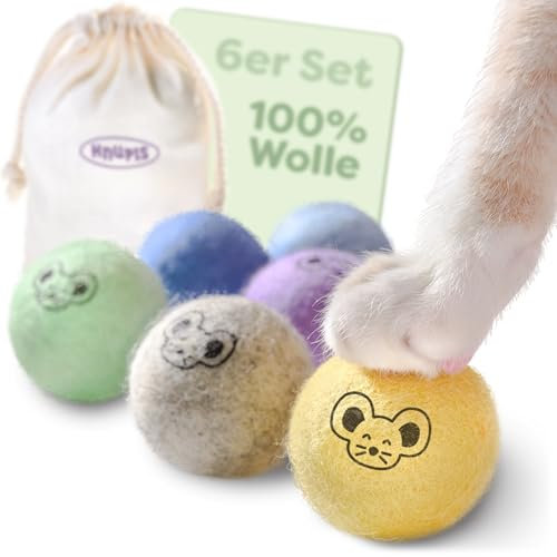 Knupis Filzbälle für Katzen - 6 Bälle Wolle - Nachhaltiges Katzenspielzeug mit leuchtenden Farben – Inkl. Aufbewahrungsbeutel