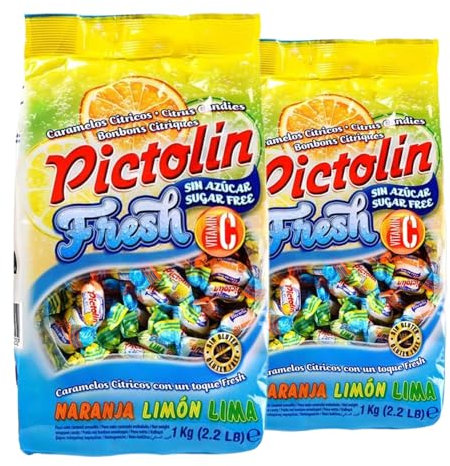 Pictolín (2 Pack) Fresh, Caramelos Sin Azúcar - Tres Sabores Cítricos - Con Vitamina C - Lima, Naranja y Limón - (2x1kg)