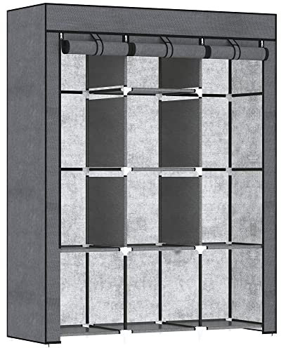 HOMCOM Fabric Wardrobe, Portable Wardrobe, Clothes Storage Unit with 8 Shelves, 2 Hanging Rods, 125 x 43 x 162.5 cm, Dark Grey