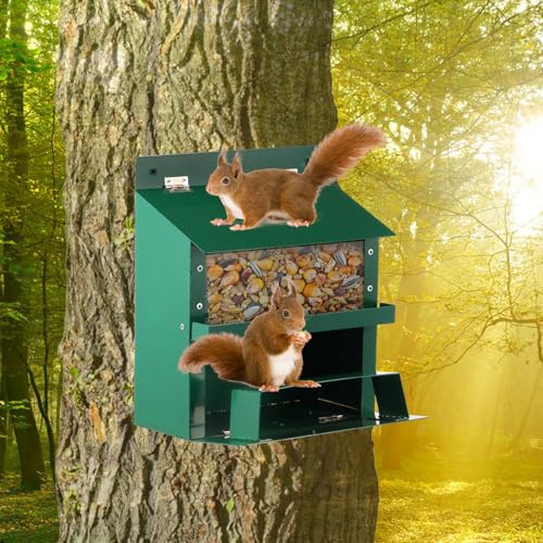 Metall Eichhörnchen Futterstation für den Außenbereich, große Kapazität, robustes Streifenhörnchen-Futterhaus mit transparentem Mülleimer, Wildtier-Futterstation für Garten, Hof und Außendekoration