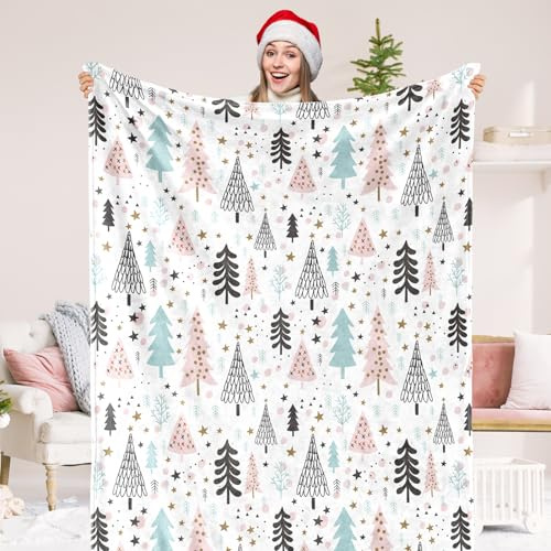 JarThenaAMCS Christmas Fuzzy Blanket Pastel Xmas Tree Throw Blanket 60 x 70 Inch Blue Pink Forest Blanket for Winter Holiday Home Chair Sofa Couch Bed