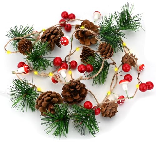 Weihnachtsgirlande mit Lichtern, 2m 20 LED Weihnachten Tannenzapfen Lichterkette, Batteriebetrieben Weihnachten vorzündig Girlande mit Pilzen, Tannennadeln und Roten Beeren für Kamin Baum Treppe Dekor
