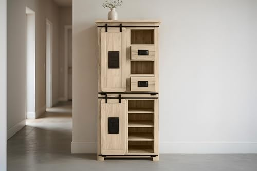 SAM Highboard Libro IV 80x45x175 cm, Akazie Eiche, Hochschrank | mit 2 Holzschiebetüren, 2 Schubladen & 10 offenen Fächern, Griffe & Reling aus Eisen, Akazienholz eichefarben & massiv