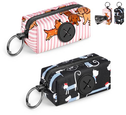 2 Pièces Distributeur Sac a Crottes Chien Porte Sac Dejection Canine en Canvas avec Anneau Métallique Support de Sac à Déjections Canines à Suspendre pour Marche Randonnée Promenade(Chien-Rosa&Blau)