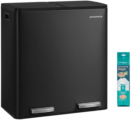 SONGMICS 2 x 8 Gallon (2 x 30 L) Kitchen Bin, 2-Compartment Recycling Bin with 15 Rubbish Bags, Removable Inner Buckets, Lid, Handles, Soft Close, Steel, Black LTB160BZ02