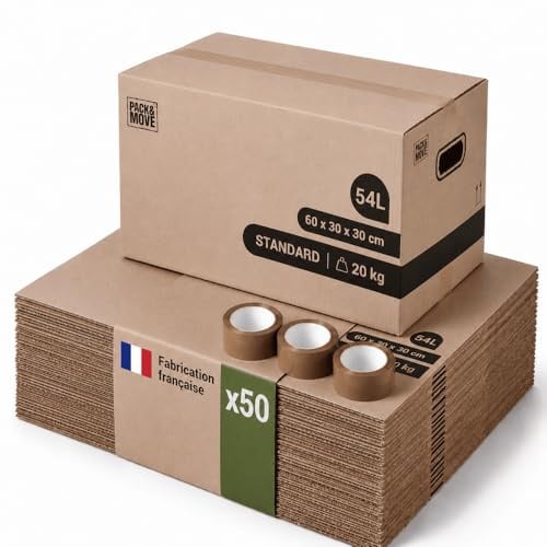 Pack and Move - 50 Stück Umzugskartons zur Aufbewahrung von Standardgrößen – 60 x 30 x 30 cm – verstärkte Griffe – 3 Aufkleber gratis