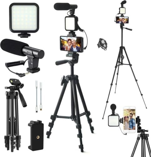 SURPN Vlogging Kit,YouTube Starter Kit,Vlogging Kit for SmartPhone/Cameras | Phone Holder for Video Recording with 50 Extendable Tripod/Microphone/Fill-in Light/Capture Remote Control