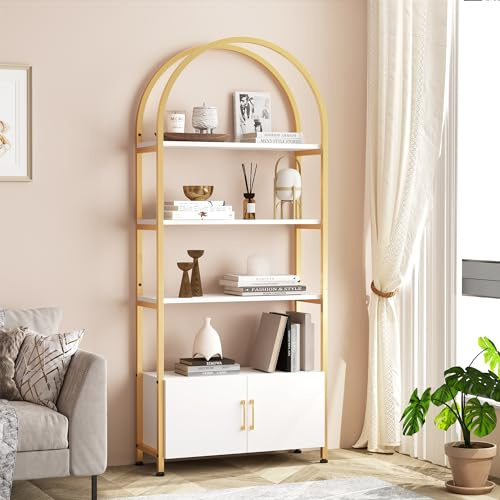 Aptliton Modern Arched Bookshelf with 4 Tiers and 2 Doors, 182cm Tall Freestanding Metal Frame Bookcase, Open Display Shelving and Storage Cabinet for Home Office, Living Room, Bedroom, Gold Frame
