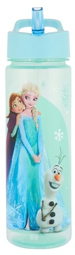 Disney Frozen Water Bottle with Flip Up Straw, Blue, 600ml, BPA Free, Recyclable, for Ages 36+ Months (Frozen Icy)