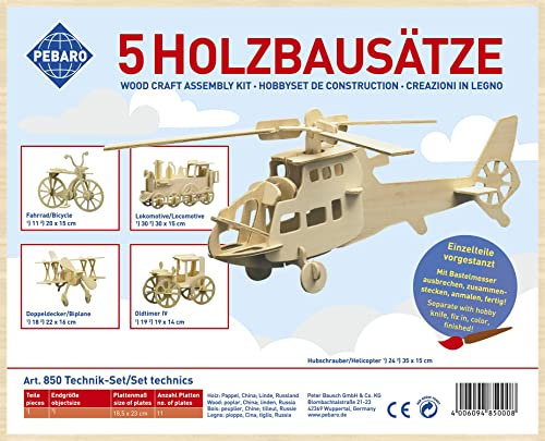 Pebaro 850 Holzbausatz Technik-Set, 5 Stück 3D Puzzles: Fahrrad, Lokomotive, Doppeldecker, Oldtimer, Hubschrauber; Modellbausatz, Basteln mit Holz, Holzpuzzle, vorgestanzte Holzplatten, Geschenkidee