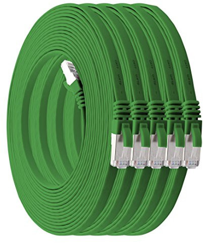 1aTTack.de 5 m - green - pack of 5 Cat7 flat cable network cable Cat 7 raw cable Gigabit Lan (10Gbit/s) ribbon cable installation cable patch cable flat slim Rj 45 plug Cat6a