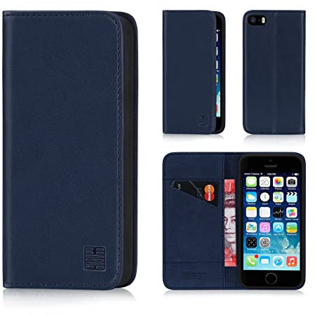 32nd Classic Series - Real Leather Book Wallet Flip Case Cover For Apple iPhone 5, 5S & SE (2016), Real Leather Design With Card Slot, Magnetic Closure and Built In Stand - Navy Blue