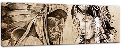 Bilderdepot24 Bild auf Leinwand | Indianer VIII, Tattoo Art I in 90x30 cm mehrteilig als Panorama Wandbild | Wand-deko Dekoration Wohnung modern Bilder | 210529