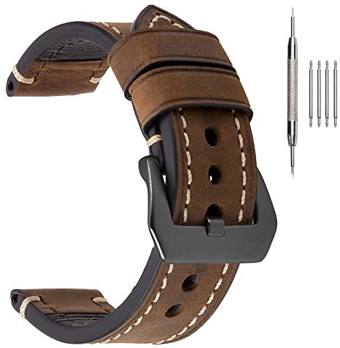 EACHE Braunes Vintage 26mm Uhrenarmband für Männer Traditionelle Leder Crazy Horse Uhrenarmband Dunkelbraun Schwarz Gebürstete Stahl Schnalle