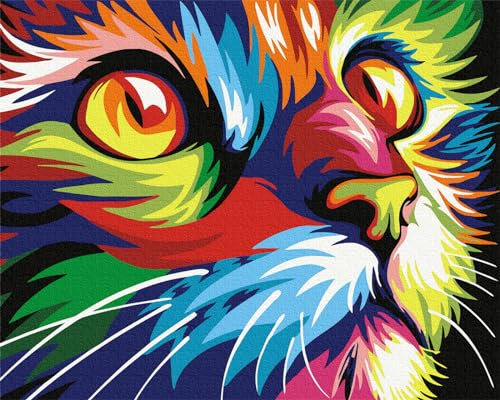 Malen Nach Zahlen für Erwachsene Kinder, Komking DIY Set Erwachsene Acrylgemälde von Zahlen auf Leinwand ohne Rahmen, Art Craft Geschenk für Home Decor, Bunte Katze 16x20inch