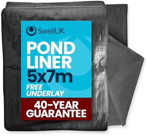 Swell UK 5 x 7m Pond Liner and Free Underlay | Ideal for Koi & Fish Pools Fountains and Streams | Flexible & Impermeable for Reinforced Durable Landscaping | Heavy Duty HDPE - 40 Year Guarantee