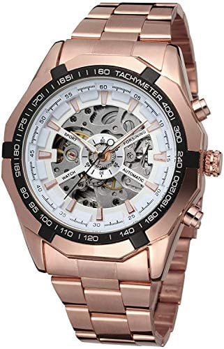 FANMIS Klassische Herren-Armbanduhr, Skelett, automatisch, mechanisch, luxuriös, geschnitzt, Blumen, Handwerk, mit Edelstahl-Armbanduhr, Roségold, Automatikuhr