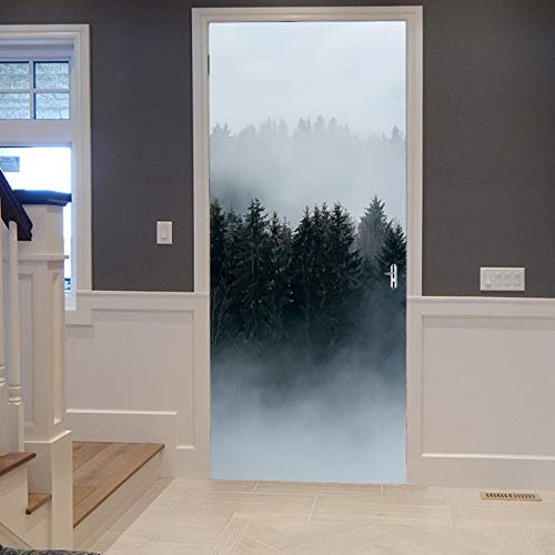 A.Monamour Sticker Porte Autocollant Poster de Porte 3D Brumeux Brumeux Sombre Forêt Arbres Nature Paysage Noir Et Blanc Vinyle Affiche de Porte Sticker Mural Papier Peint Art Décor 90 x 200 cm