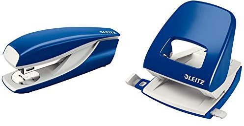 Leitz 55020035 Büroheftgerät NeXXt, Metall, 30 Blatt, blau & NeXXt Bürolocher, 30 Blatt, Anschlagschiene mit Formatangaben, Metall, Blau, 50080035