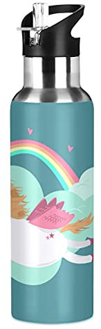 Vnurnrn Süßes Baby Regenbogen Einhorn Pferd Trinkflasche Wasserflasche mit Strohhalm 600ML, Thermosflasche Vakuumisolierte aus Edelstahl 18/8, BPA-frei für Kinder Sport Wandern Schule