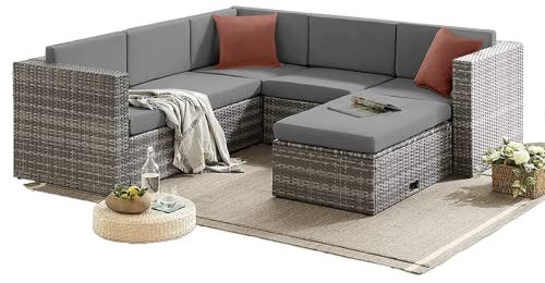 EVRE Monaco Rattan Garden Furniture Set 6 Piece Seat 5 Sofa 1 Ottoman Footstool Outdoor Wicker Weave Lounge Sofa and Glass Top Table with Cushions (Grey)