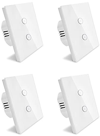 Smart Lichtschalter, Wlan Alexa Lichtschalter 2 Gang, Gehärtetes Glas Touch-schalter, Arbeitet mit Alexa & Google, APP Fernbedienung, Timing-Funktion, Nullleiter Erforderlich, Weiß 4 pack