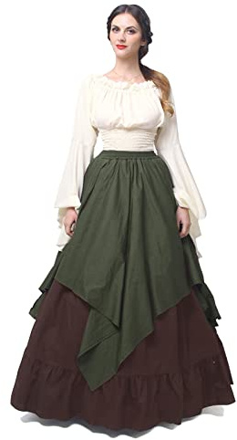 Fiamll Renaissance Kleid Damen Mittelalter Kleidung Damen Kostüme Fasching Kleid Set Grün+ Braun M(Top und Rock)