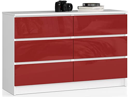 AKORD Commode K-120 avec 6 Tiroirs | Commode Classique pour La Chambre, Salon | Meuble de Rangement | L120 x H77 x P40 cm, Poids 43 kg | Blanc/Rouge Brillant