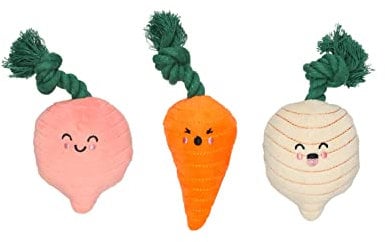 Pearhead Spring Garden Veggies Dog Toys, Radish, Carrot and Turnip Squeaky Rope Toys, Gift for Pet Parents, Vegetable Plush Dog Toys, Set of 3