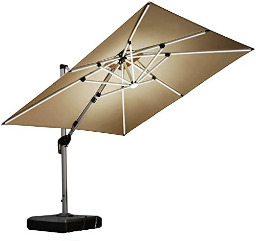 PURPLE LEAF Parasol Déporté 3 x 3 m avec LED, Parasol De Jardin Extérieur à Toit Double Rotatif 360°, Protection UV, Convient aux Villas Haut de Gamme, un Incontournable Pour les Fêtes, Beige