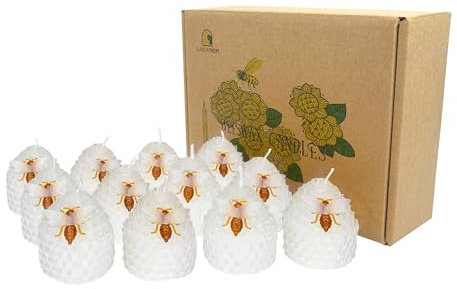 Lacaser Natürliches Bienenwachs-Votivkerzen-Set, kleine Bienenstock-Kerze mit kleiner Bienen-Dekor, Geschenk-Box, 12 Stück, geruchlos und rauchfrei und tropffrei, farbige Kerzen, Durchmesser je 4,5 cm