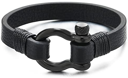COOLSTEELANDBEYOND Nero Vite Ancoraggio Grillo Braccialetto, Uomo Donna Bracciali Avvolgere Nero Cuoio, Nautico Fascia di Polso