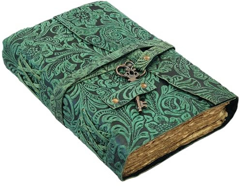 Geprägtes Leder-Tagebuch mit antiken Schlüsseln, Vintage-Seiten, handgefertigtes Tagebuch, Leder-Skizzenbuch, Notizblock, Reisetagebuch, Schattenbuch, Ledergrimoire (A Green, 7x5 Inch)
