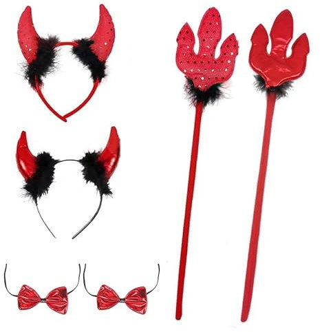 OWOAOOwl 4Pcs Teufelsohren,mit Dreizack,Teufel Ohren Haarband Haarreifen Fasching Karneval Halloween Party Kostüm Haarschmuck Stirnband Headwear für Damen Herren & Kinder