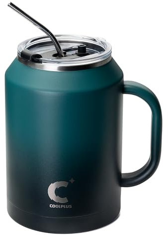 Coolplus 50 oz Mug Tumbler with Handle and Straw, Large Stainless Steel Travel Insulated Water Cup with 2-in-1 Lid, Double Wall Metal Keep Cold 36 hrs, Sweet Proof BPA-Free,Blue Mix Black