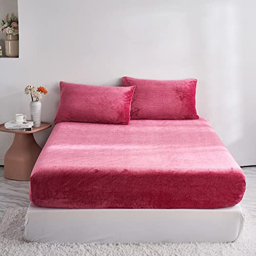 Damier Winter Spannbettlaken 160x200cm Rot Flauschige Warme Samt Bettlaken Teddy Plüsch Spannbetttuch Geeignet für 30cm Matratze