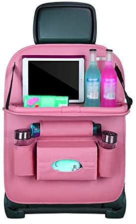 BWGHBH Organizador del Asiento Trasero del Automóvil de Cuero Multifuncional con Bolsa de Almacenamiento y Bandeja Plegable para Niños(Rosa)
