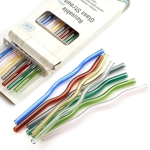 GET FRESH Reusable Wavy Glass Drinking Straws Set - 8pcs Colored Borosilicate Shatter Resistant Straws - Dishwasher Safe Cocktail Straws
