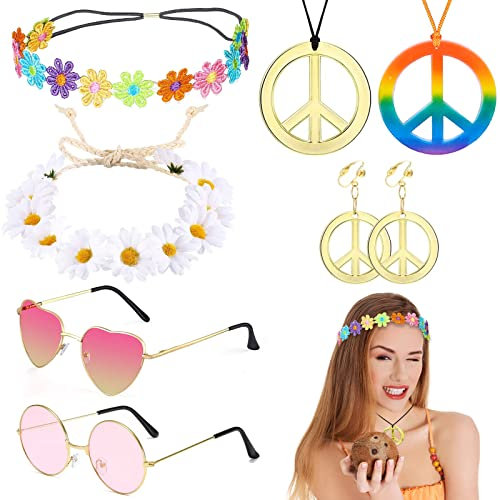 VEGCOO 7 Teile Hippie Party Accessoires Set Inklusive Friedenszeichen Schmuck Blumen Stirnbänder und Sonnenbrillen Für Musikfestival Fasching Kostüm Party Dekoration 70er Jahre Stil